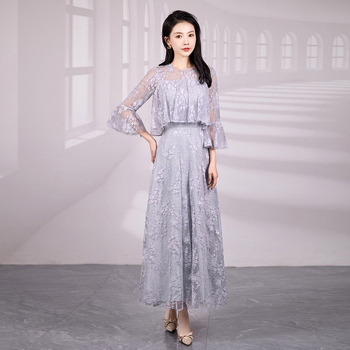 Полиестерова дълга рокля с А‑образен силует, средна талия и дълги ръкави