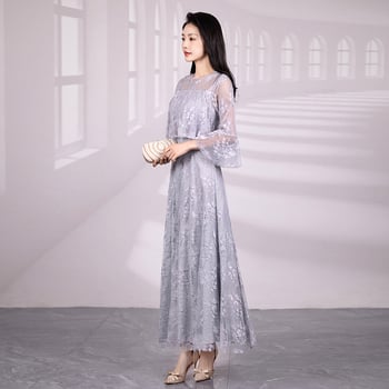 Полиестерова дълга рокля с А‑образен силует, средна талия и дълги ръкави