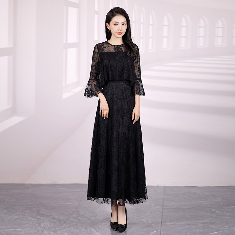 Полиестерова дълга рокля с А‑образен силует, средна талия и дълги ръкави