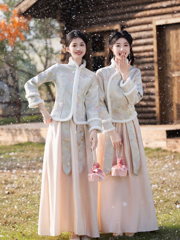 Kāzu draudzenes kleita ķīniešu stilā ar vienu plecu, A līnijas siluets, garas piedurknes, chenille audums, spandex maisījums, elastīga jostasvieta