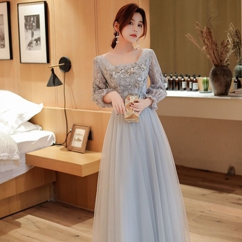 Kleita līgavas palīdzei ar vienu plecu, A līnija, gara kleita, 3/4 piedurknes, chenille audums ar elastānu, pavasaris 2024