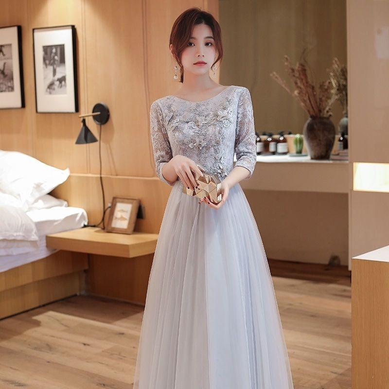 Kleita līgavas palīdzei ar vienu plecu, A līnija, gara kleita, 3/4 piedurknes, chenille audums ar elastānu, pavasaris 2024