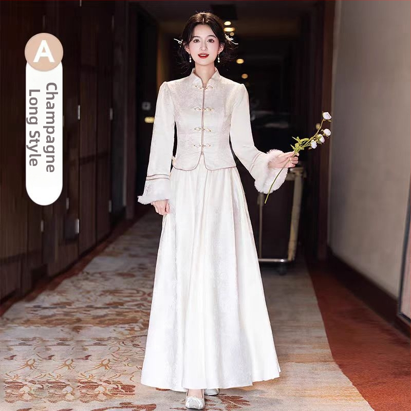 Kāzu pavadošās kleita – Jauns Ķīnas stils, garas piedurknes, A līnijas siluets, kvadrātveida kakla līnija, garums 135 cm, poliesters-elastāna šķiedra (>95% poliestera)