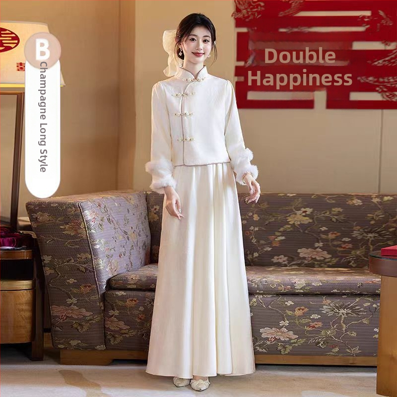 Kāzu pavadošās kleita – Jauns Ķīnas stils, garas piedurknes, A līnijas siluets, kvadrātveida kakla līnija, garums 135 cm, poliesters-elastāna šķiedra (>95% poliestera)