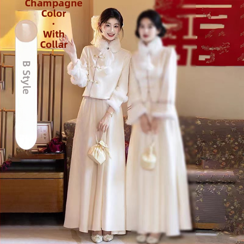 Kāzu pavadošās kleita – Jauns Ķīnas stils, garas piedurknes, A līnijas siluets, kvadrātveida kakla līnija, garums 135 cm, poliesters-elastāna šķiedra (>95% poliestera)