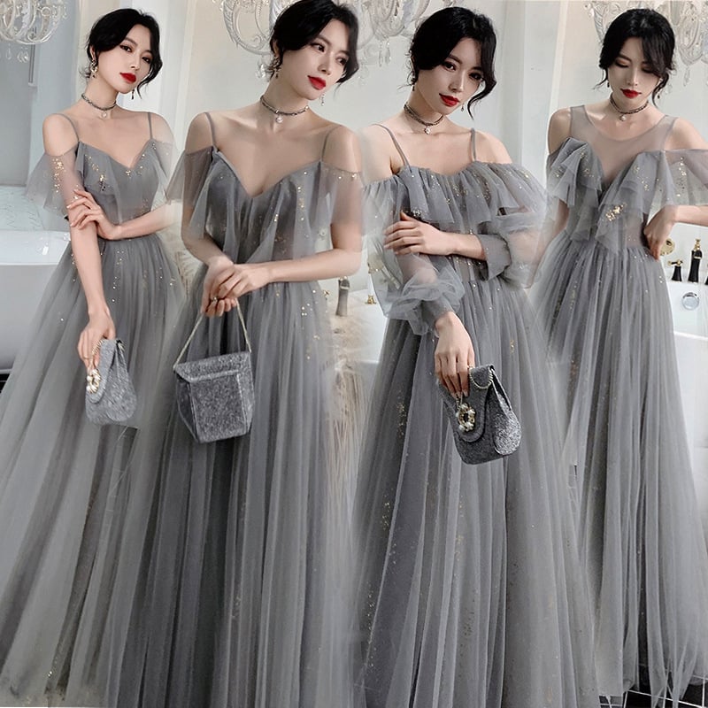 Kleita kāzu palīdziniecei no tīkla auduma, pūkaini piedurknes, viduklis vidū, garā kleita ar A līniju, apaļš kakla izgriezums ar pogām, pavasara 2023 kolekcija