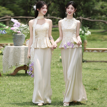 Uus Hiina stiili pruutneitsi kleit, suvi 2025, polüester, pikk, A-lõike siluett, ilma varrukateta, ümmargune kaelus