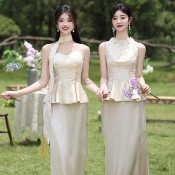 Uus Hiina stiili pruutneitsi kleit, suvi 2025, polüester, pikk, A-lõike siluett, ilma varrukateta, ümmargune kaelus