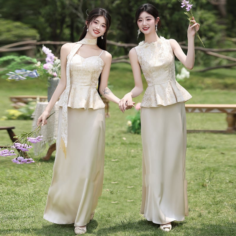 Uus Hiina stiili pruutneitsi kleit, suvi 2025, polüester, pikk, A-lõike siluett, ilma varrukateta, ümmargune kaelus