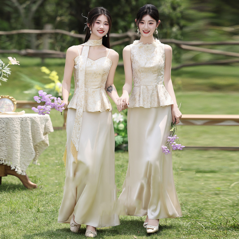 Uus Hiina stiili pruutneitsi kleit, suvi 2025, polüester, pikk, A-lõike siluett, ilma varrukateta, ümmargune kaelus