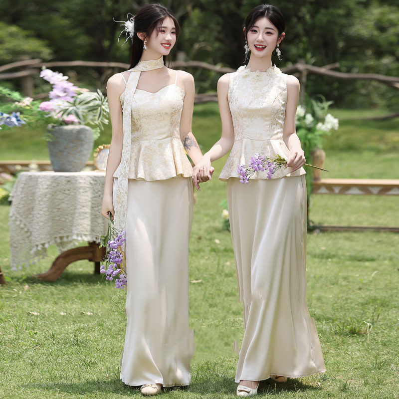 Uus Hiina stiili pruutneitsi kleit, suvi 2025, polüester, pikk, A-lõike siluett, ilma varrukateta, ümmargune kaelus