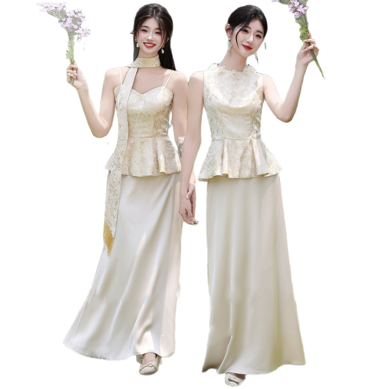 Uus Hiina stiili pruutneitsi kleit, suvi 2025, polüester, pikk, A-lõike siluett, ilma varrukateta, ümmargune kaelus