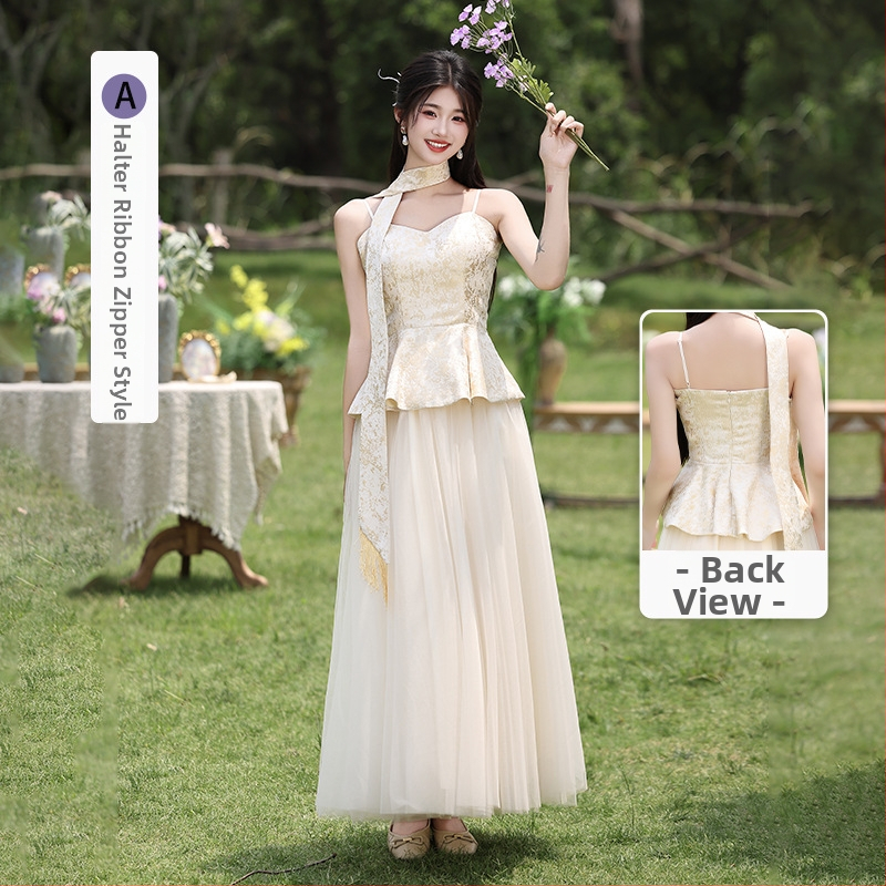 Uus Hiina stiili pruutneitsi kleit, suvi 2025, polüester, pikk, A-lõike siluett, ilma varrukateta, ümmargune kaelus