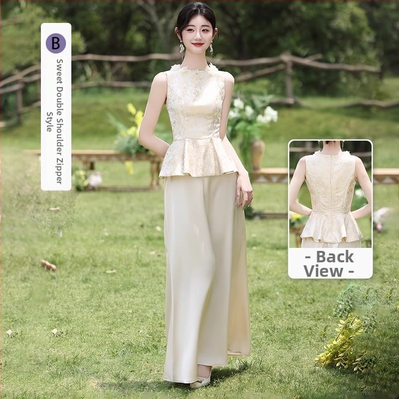 Uus Hiina stiili pruutneitsi kleit, suvi 2025, polüester, pikk, A-lõike siluett, ilma varrukateta, ümmargune kaelus