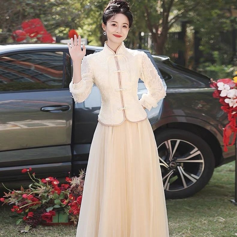 Kleita līgavas draudzenei ar vienu plecu, A līnija, garas piedurknes, gara svārka, chenille audums ar elastānu