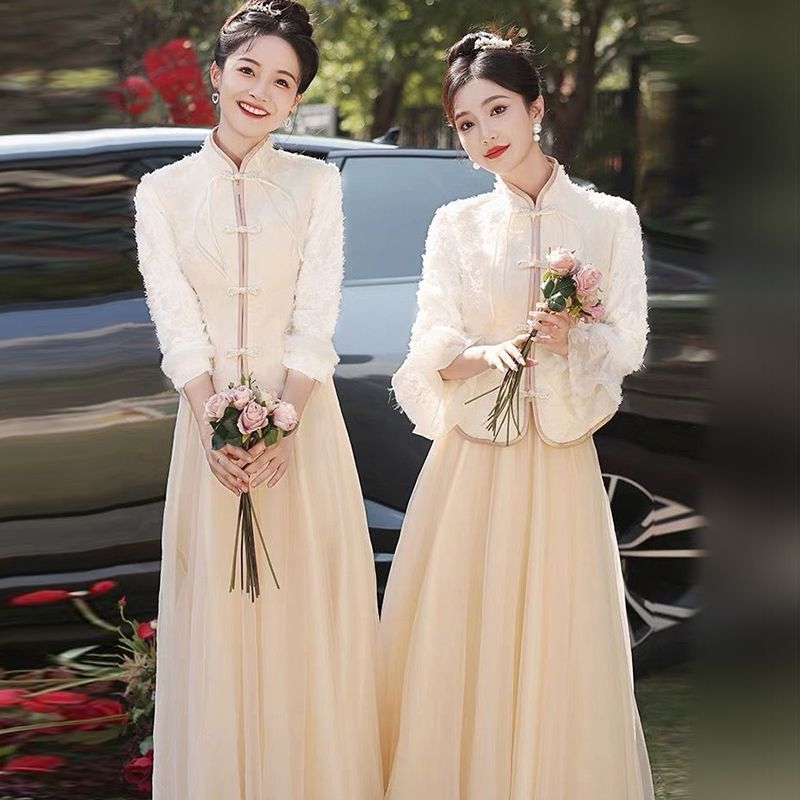 Kleita līgavas draudzenei ar vienu plecu, A līnija, garas piedurknes, gara svārka, chenille audums ar elastānu