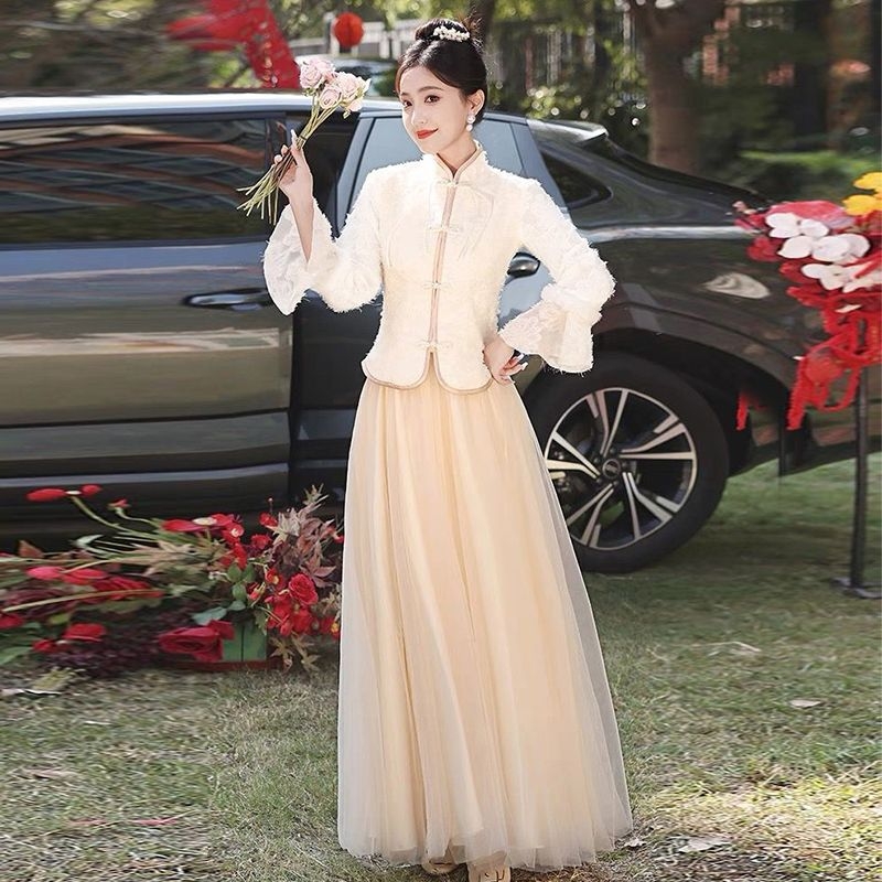 Kleita līgavas draudzenei ar vienu plecu, A līnija, garas piedurknes, gara svārka, chenille audums ar elastānu