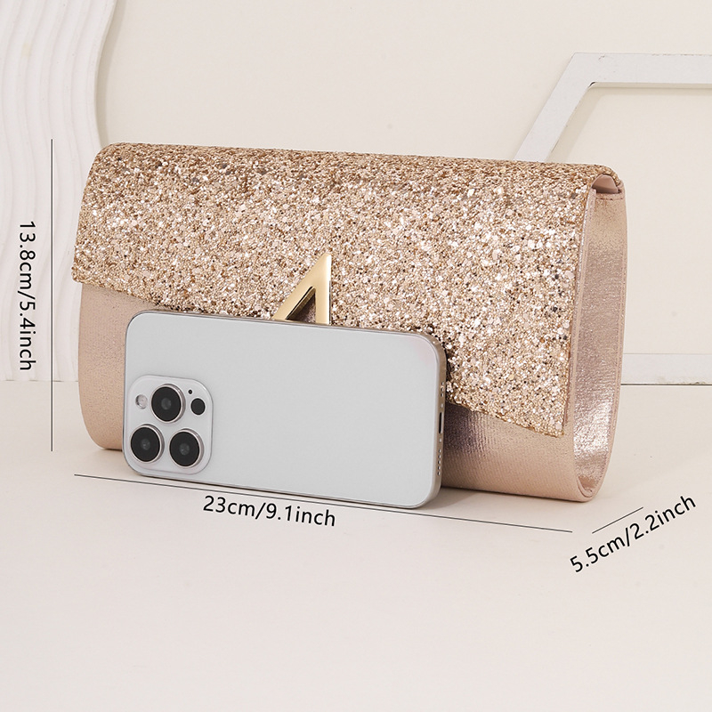 Spīdīga vakara klučs soma ar vāciņu – minimālists greznums, horizontāla kvadrāta forma, magnētiska aizvēršana, poliestera odere, rokā nēsājamā, pavasaris 2025