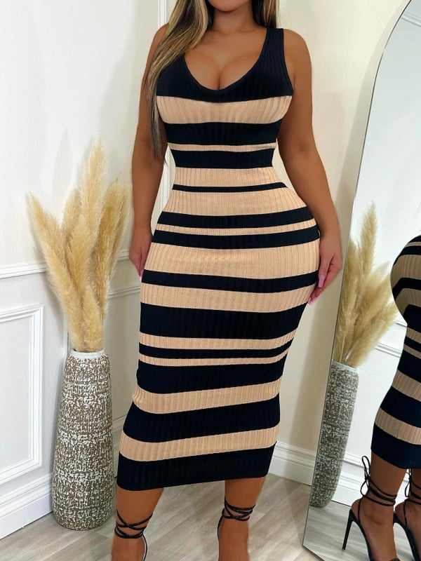 Prugotas drukas bez piedurknēm midi kleita ar V kaklu, poliestera-elastāna maisījums, gūžu pārklājoša silueta, vasara 2024