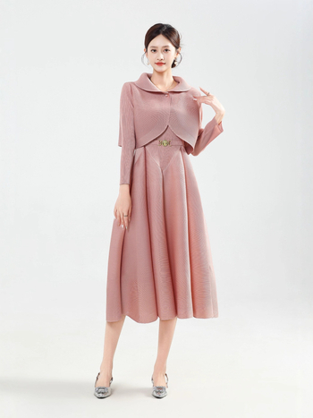 Plisēta rudens–ziemas sieviešu kleita komplekts, poliesters, A-līnijas svārki, apaļš kakls, garās piedurknes, elegantais ikdienas stils