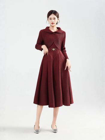 Plisēta rudens–ziemas sieviešu kleita komplekts, poliesters, A-līnijas svārki, apaļš kakls, garās piedurknes, elegantais ikdienas stils