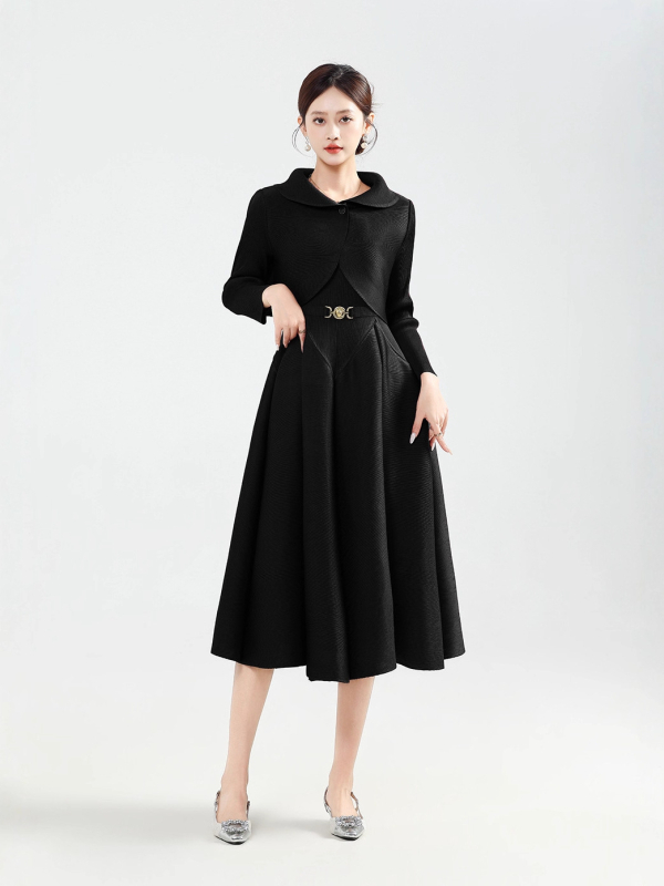 Plisēta rudens–ziemas sieviešu kleita komplekts, poliesters, A-līnijas svārki, apaļš kakls, garās piedurknes, elegantais ikdienas stils