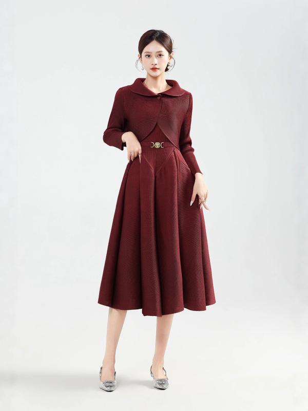 Plisēta rudens–ziemas sieviešu kleita komplekts, poliesters, A-līnijas svārki, apaļš kakls, garās piedurknes, elegantais ikdienas stils