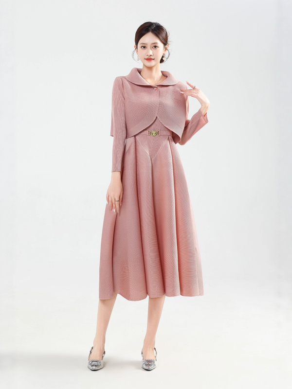 Plisēta rudens–ziemas sieviešu kleita komplekts, poliesters, A-līnijas svārki, apaļš kakls, garās piedurknes, elegantais ikdienas stils