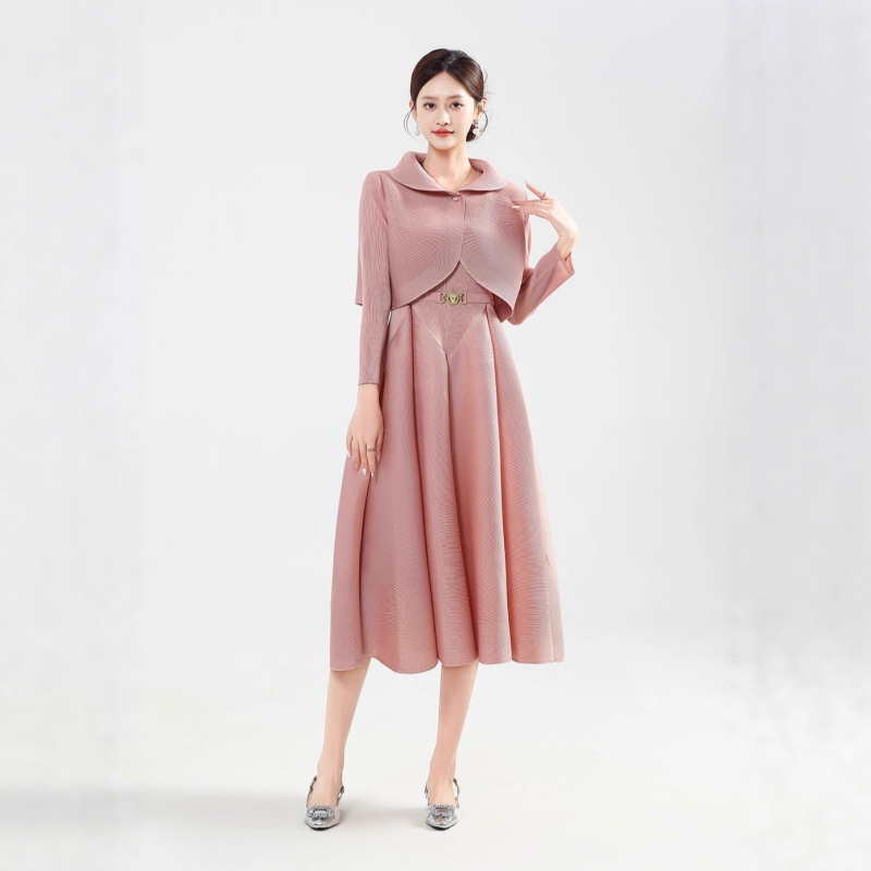 Plisēta rudens–ziemas sieviešu kleita komplekts, poliesters, A-līnijas svārki, apaļš kakls, garās piedurknes, elegantais ikdienas stils