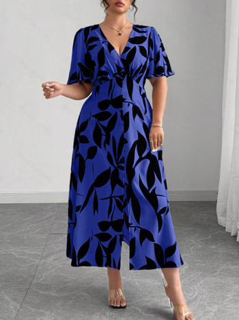 Kleita ar V veida izgriezumu, vidēja garuma, ziedu un augu raksts, poliestera un spandex audums, augsta vidukļa silueta