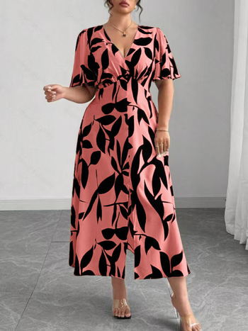 Kleita ar V veida izgriezumu, vidēja garuma, ziedu un augu raksts, poliestera un spandex audums, augsta vidukļa silueta