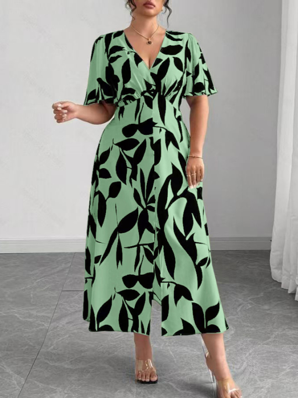 Kleita ar V veida izgriezumu, vidēja garuma, ziedu un augu raksts, poliestera un spandex audums, augsta vidukļa silueta