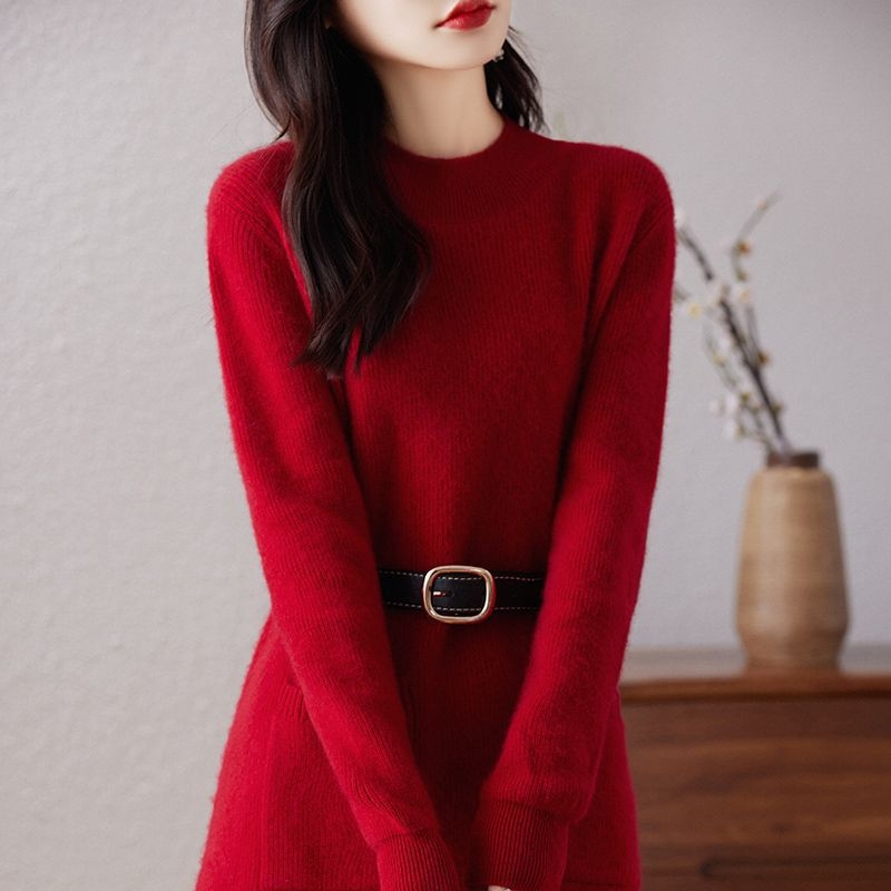 Ženska pletena haljina za plus veličinu s pojasom, elegantan i mladenački stil, srednja duljina, dugi rukavi, za jesen-zimu
