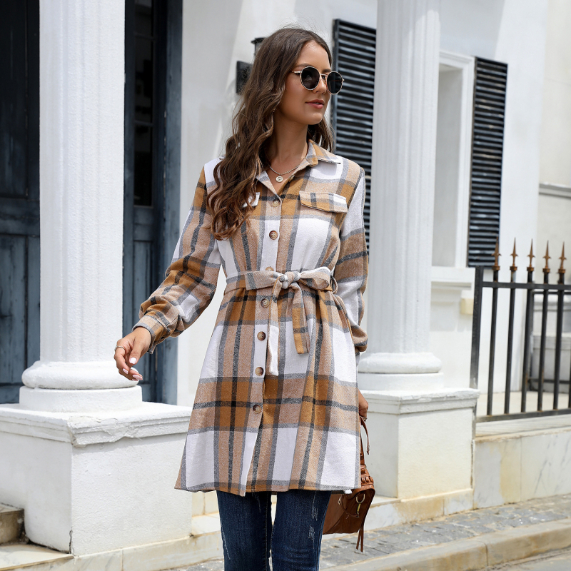 Риза рокля с каре принт, висока талия, дълги ръкави, поло яка, A-линия, миди дължина