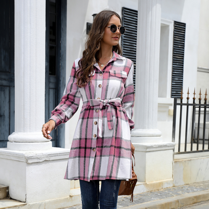 Риза рокля с каре принт, висока талия, дълги ръкави, поло яка, A-линия, миди дължина