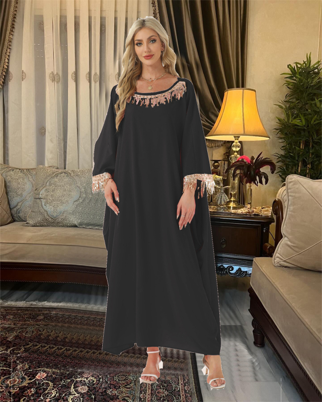 Ilga izšūta poliesterkleita ar bat piedurknēm, garas piedurknes, vasara 2024