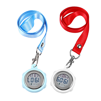 Aprūpes fob pulkstenis ar auklu, elektronisks digitālais pulkstenis, apļveida cinka sakausējuma korpuss, digitālais displejs, kalendārs ar 24 stundu rādījumu, nedēļa un mēnesis, gaismas ciparnīca