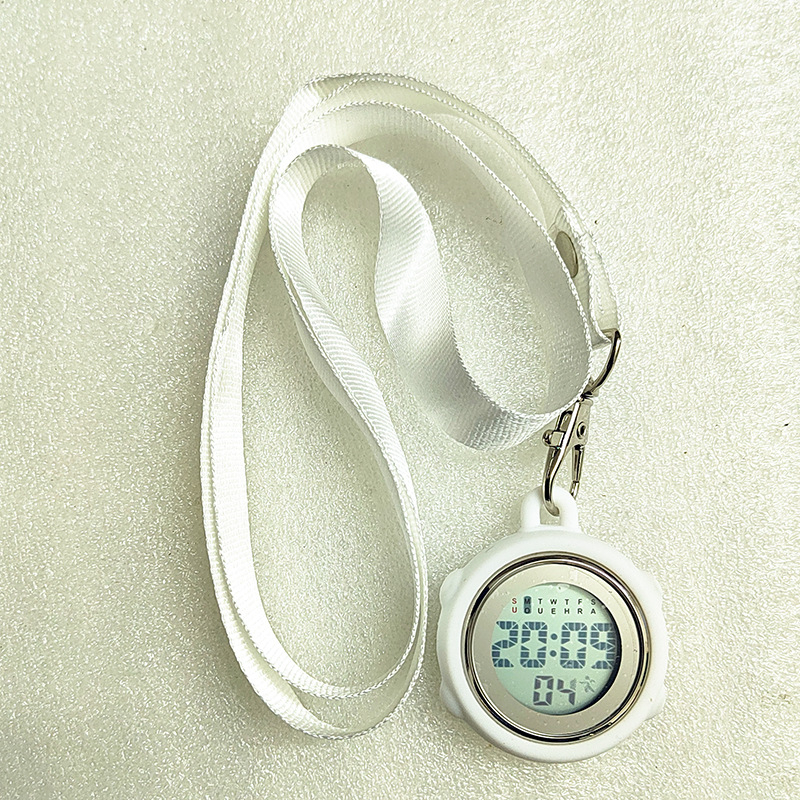 Aprūpes fob pulkstenis ar auklu, elektronisks digitālais pulkstenis, apļveida cinka sakausējuma korpuss, digitālais displejs, kalendārs ar 24 stundu rādījumu, nedēļa un mēnesis, gaismas ciparnīca