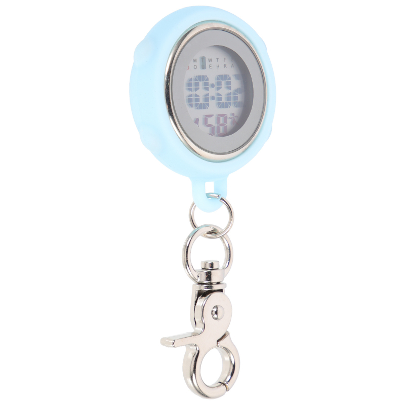 Aprūpes fob pulkstenis ar auklu, elektronisks digitālais pulkstenis, apļveida cinka sakausējuma korpuss, digitālais displejs, kalendārs ar 24 stundu rādījumu, nedēļa un mēnesis, gaismas ciparnīca