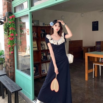 Plus izmēra franču mežģīņu kleita sievietēm, vasara 2025, pleca siksna, vidējais garums, polo apkakle, princeses piedurknes