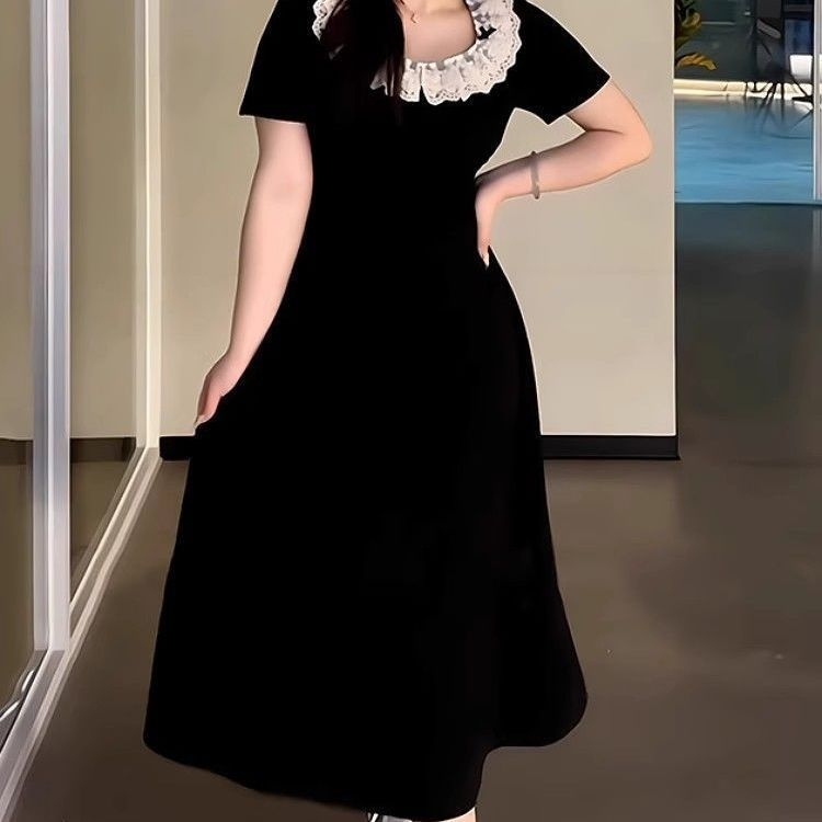 Plus izmēra franču mežģīņu kleita sievietēm, vasara 2025, pleca siksna, vidējais garums, polo apkakle, princeses piedurknes