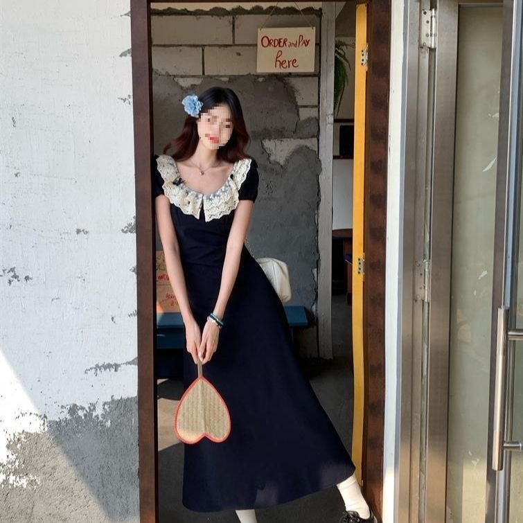 Plus izmēra franču mežģīņu kleita sievietēm, vasara 2025, pleca siksna, vidējais garums, polo apkakle, princeses piedurknes