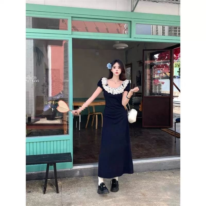 Plus izmēra franču mežģīņu kleita sievietēm, vasara 2025, pleca siksna, vidējais garums, polo apkakle, princeses piedurknes