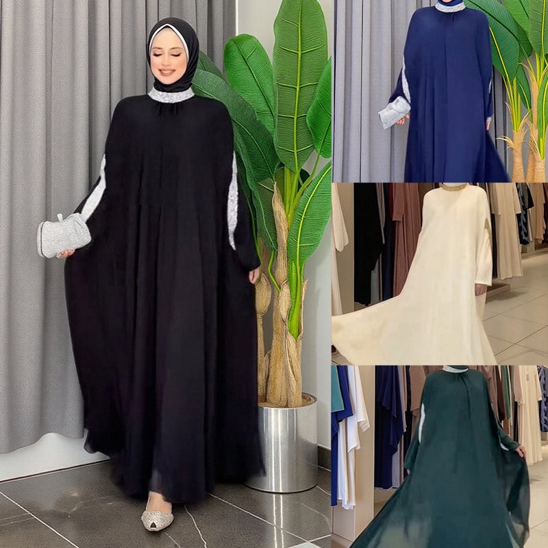 Šifona vakara kleita ar pailletēm, garš kleitas izgriezums, apaļš kakla izgriezums, raglan piedurknes, brīvs viduklis