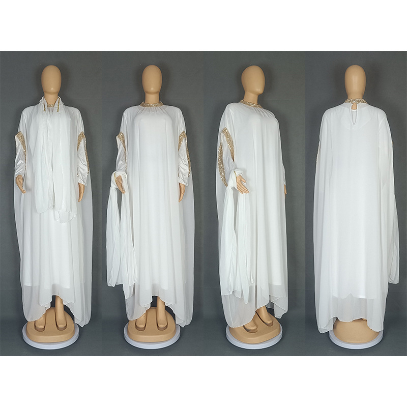 Šifona vakara kleita ar pailletēm, garš kleitas izgriezums, apaļš kakla izgriezums, raglan piedurknes, brīvs viduklis