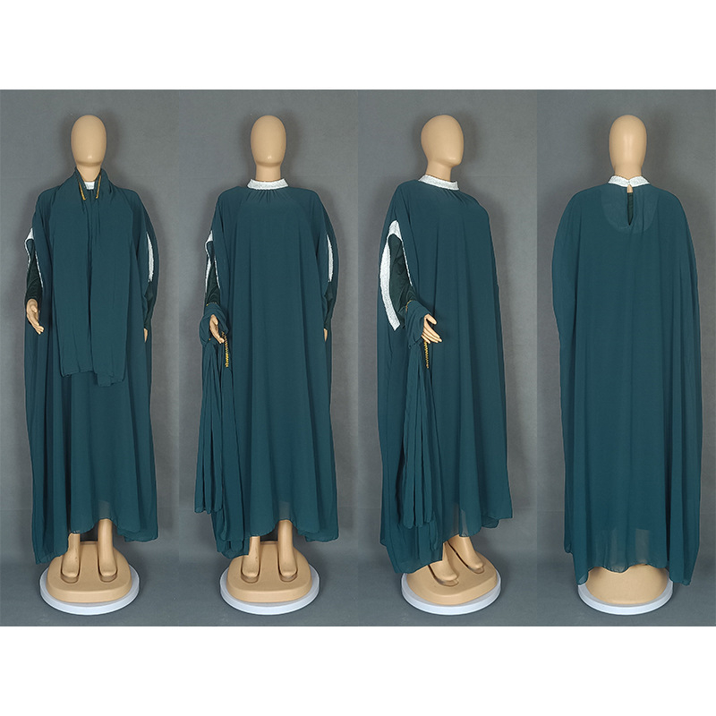 Šifona vakara kleita ar pailletēm, garš kleitas izgriezums, apaļš kakla izgriezums, raglan piedurknes, brīvs viduklis