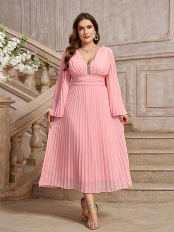 Elegantska A līnijas kleita ar V kaklu un zvanu formas piedurknēm, šifons, poliestera-elastāna maisījums, garas piedurknes, vidēja garuma, elegantais stils