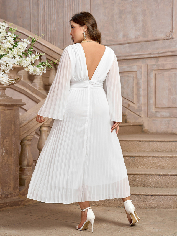 Elegantska A līnijas kleita ar V kaklu un zvanu formas piedurknēm, šifons, poliestera-elastāna maisījums, garas piedurknes, vidēja garuma, elegantais stils