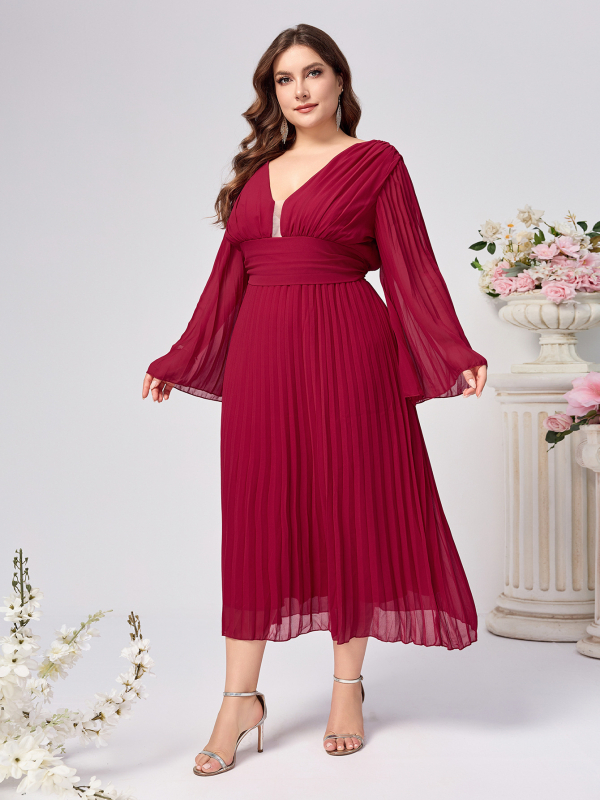 Elegantska A līnijas kleita ar V kaklu un zvanu formas piedurknēm, šifons, poliestera-elastāna maisījums, garas piedurknes, vidēja garuma, elegantais stils