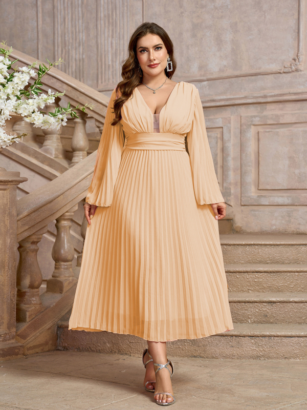 Elegantska A līnijas kleita ar V kaklu un zvanu formas piedurknēm, šifons, poliestera-elastāna maisījums, garas piedurknes, vidēja garuma, elegantais stils